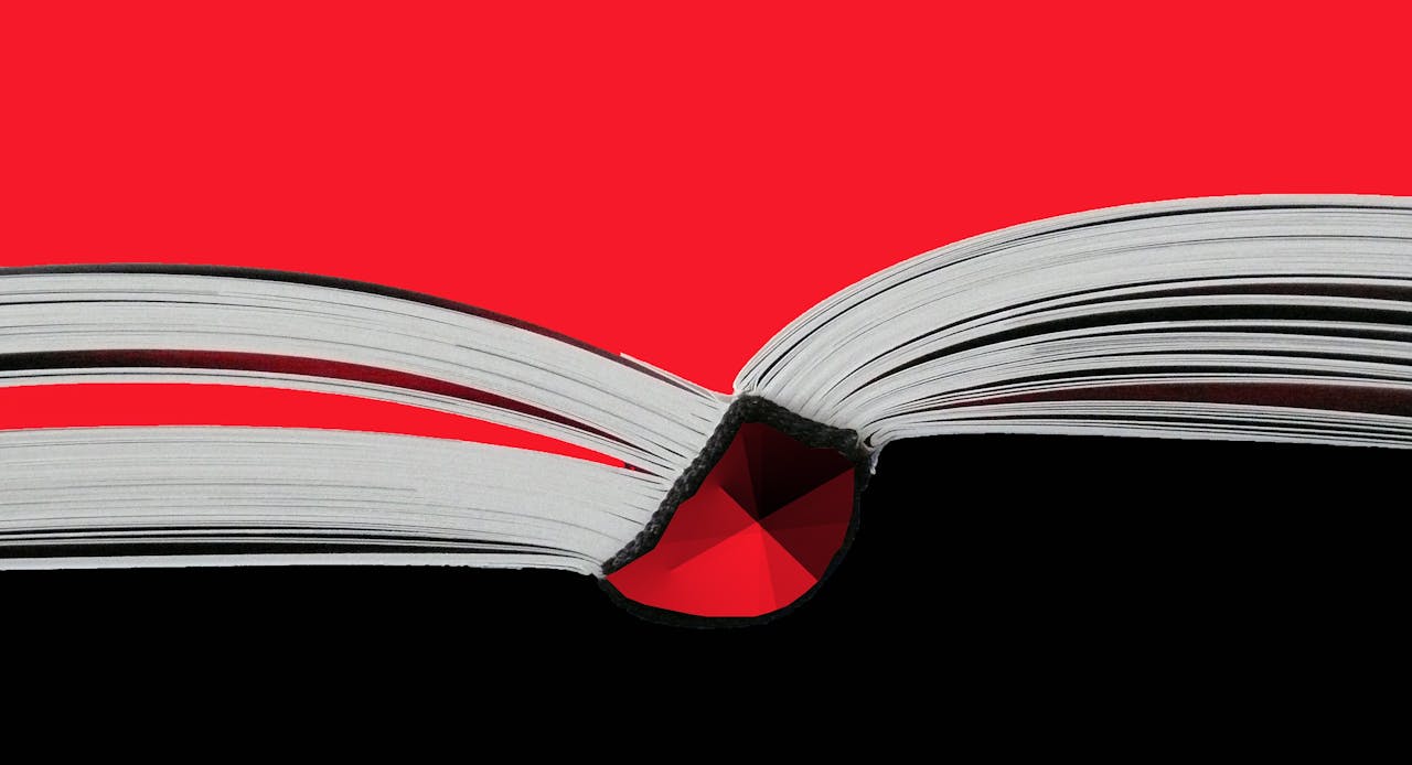 Artistic close-up of an open book with vivid red and black contrast.